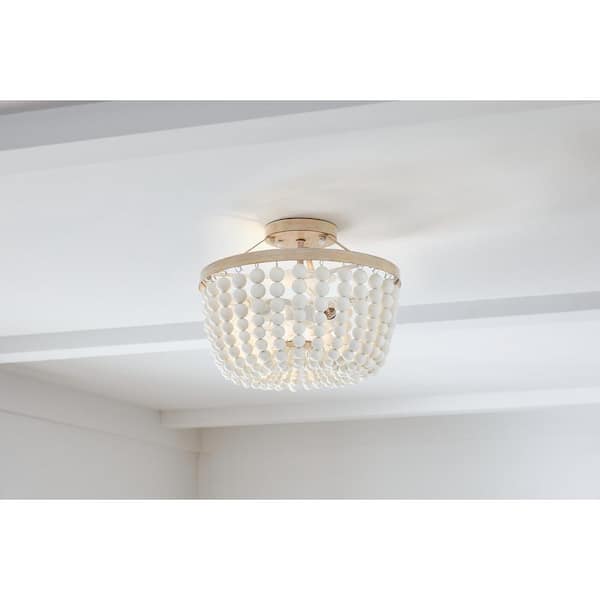 Cayman 13 in. 2-Light White and Faux Wood Beaded Semi-Flush Mount Ceiling Light Fixture with Beaded Shade