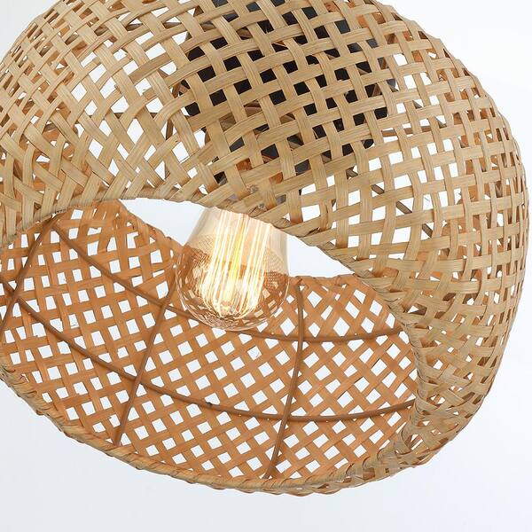 Bungalo 12 in. 1-Light Black/Wheat Bohemian Bamboo Semi-Flush Mount Light with Black Hardware