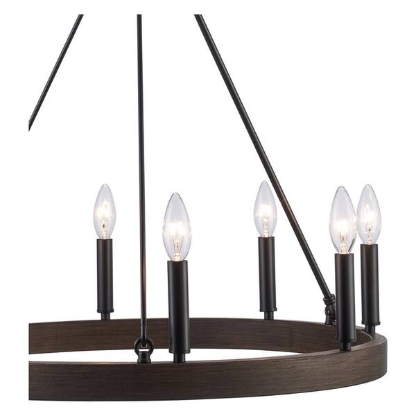 8-Light Black and Faux Wood Wagon Wheel Chandelier Light Fixture