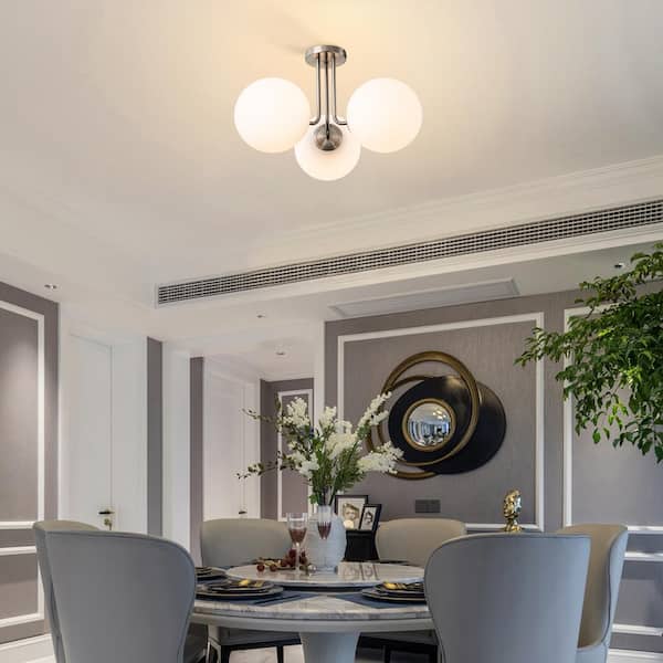 Lueck 22 in. 3-Light Modern Sputnik Nickel Semi Flush Mount with Globe White Glass