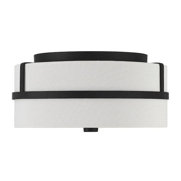 13 in. W x 6 in. H 2-Light Matte Black Outdoor Flush Mount Light with White Glass Drum Shade