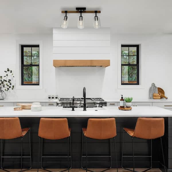 Austin 2 ft. 3-Light Faux Wood Fixed Track Lighting Kit with Matte Black Accents and Clear Glass Shades