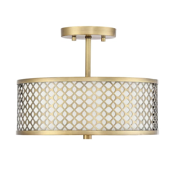 13 in. W x 10 in. H 2-Light Natural Brass Semi-Flush Mount with White Fabric Shade and Geometric Metal Frame