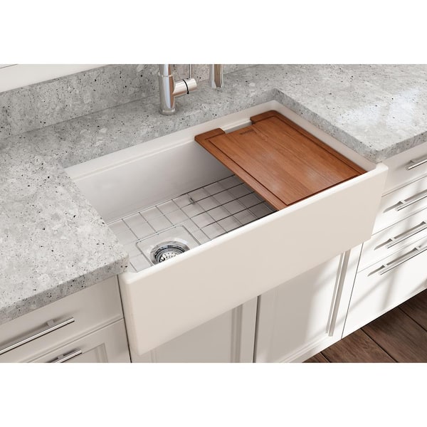 Step-Rim White Fireclay 30 in. Single Bowl Farmhouse Apron Front Workstation Kitchen Sink w/ Accessories