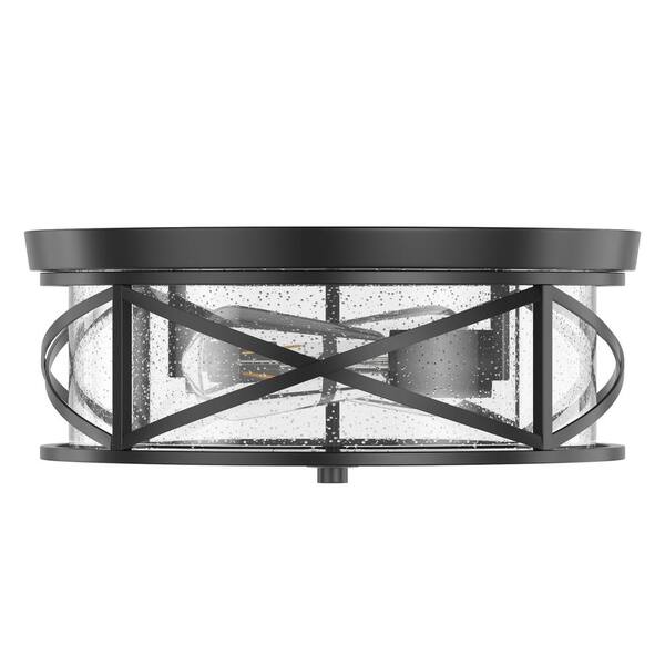 Industrial 13.77 in. 2-Light Black Farmhouse Flush Mount Ceiling Light with Seeded Glass Shade