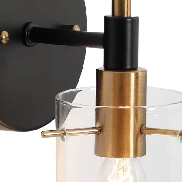 Modern 1-Light Brass Gold Wall Sconce, Black Vanity Light with Open Cylinder Clear Glass Shades Wall Light