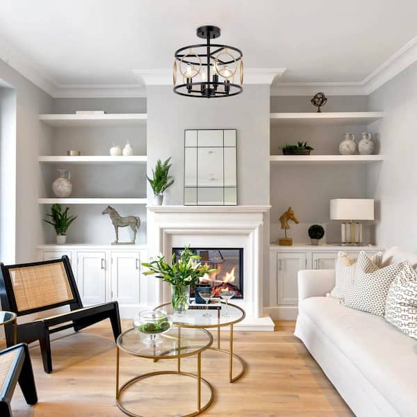 Modern Farmhouse Semi-Flush Mount, 12.8 in. 4-Light Black and Gold Drum Ceiling Light