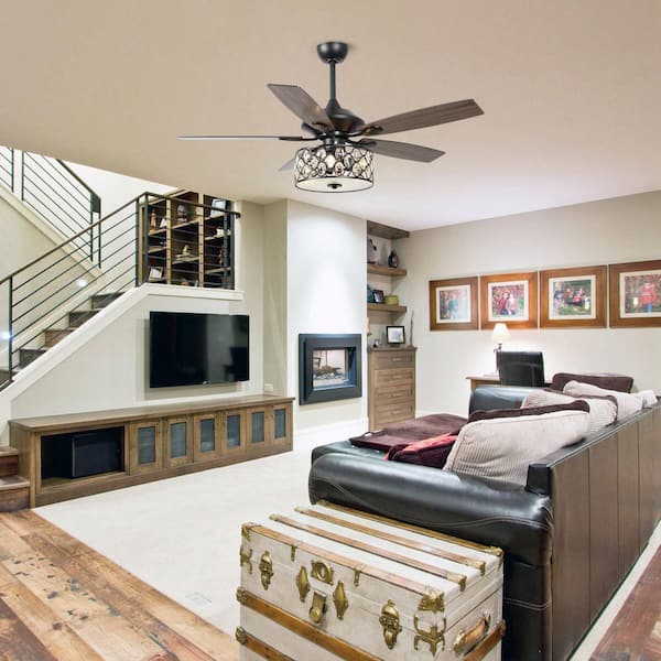 52 in. Indoor Matte Black Crystal Chandelier Ceiling Fan with Light and Remote Control