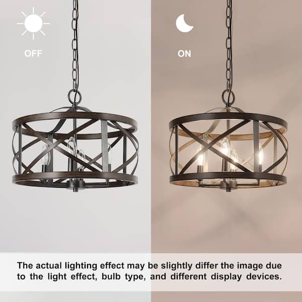 4-Light Rust Black Drum Cage Candlestick Island Chandelier with Faux Wood Accents