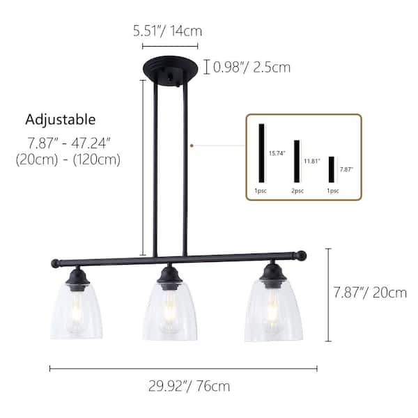 30 in. 3-Light Black Kitchen Island Linear Pendant Light Metal Farmhouse Chandeliers with Glass Shade