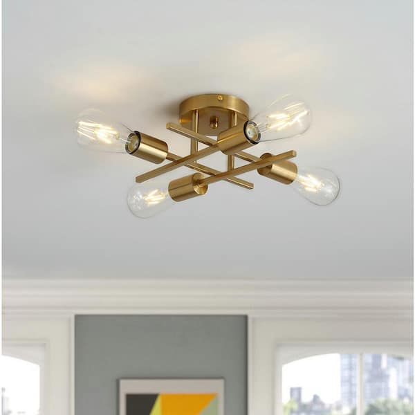 Modern 11 in. 4-Light Gold Sputnik Linear Farmhouse Semi-Flush Mount Ceiling Lighting Fixture