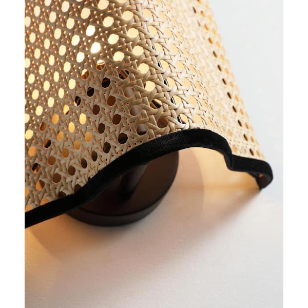 Mid Century Bohemian 1-Light Beige Tan Wall Sconce with PVC Rattan and Velvet Shade