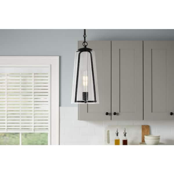 Desmond 60-Watt 1-Light Black Pendant with Smoke Seedy Glass Shade