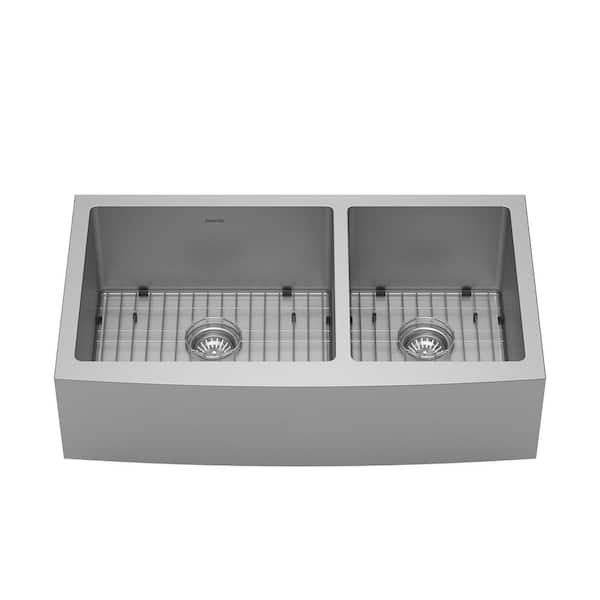 16-Gauge Stainless Steel 36 in. Undermount Double Bowl Farmhouse Apron Front Kitchen Sink with Grid and Basket Strainer