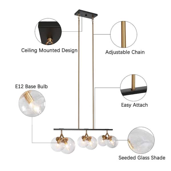 Farmhouse Black Kitchen Chandelier, 28.5 in. 6-Light Mid-Century Modern Plated Gold Dining Room Island Globe Chandelier