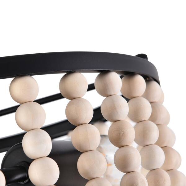 13 in. 3-Light Matte Black Wood Bead Semi-Flush Mount Ceiling Light Farmhouse Boho Light Fixture