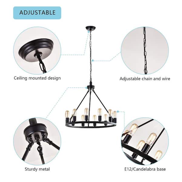 Bismarck 12 -Light Black Unique Wagon Wheel Chandelier with Wrought Iron Accents