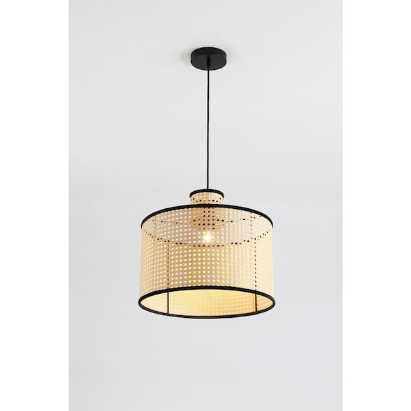 Modern Bohemian 1-Light 2-Tier Pendant Light, PVC Rattan Shade With Velvet Rim