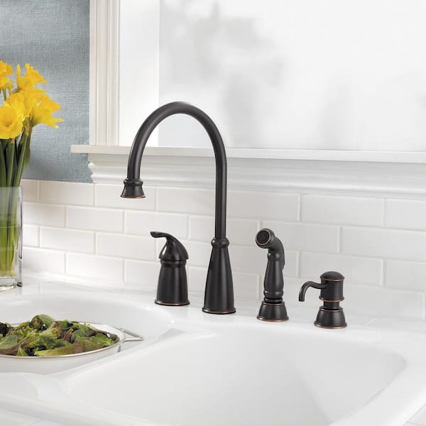 Avalon Single-Handle High-Arc Standard Kitchen Faucet with Side Sprayer and Soap Dispenser in Tuscan Bronze