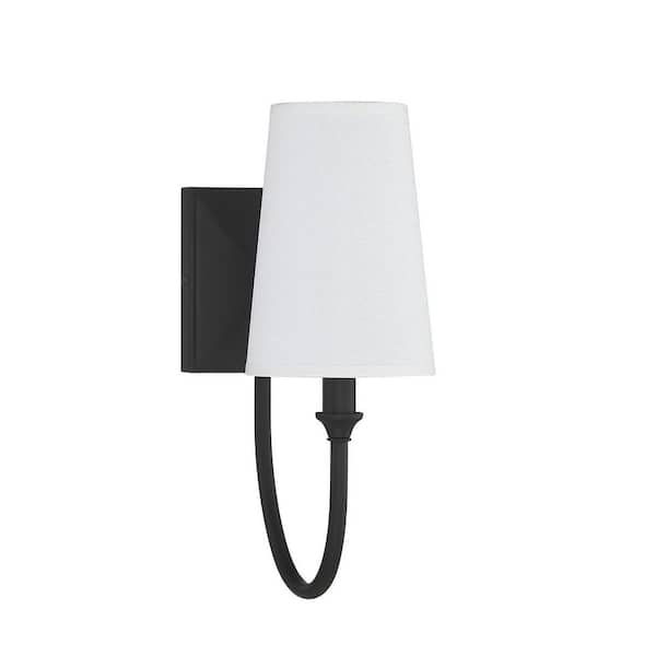 Cameron 5 in. W x 13 in. H 1-Light Matte Black Transitional Wall Sconce with White Fabric Shade