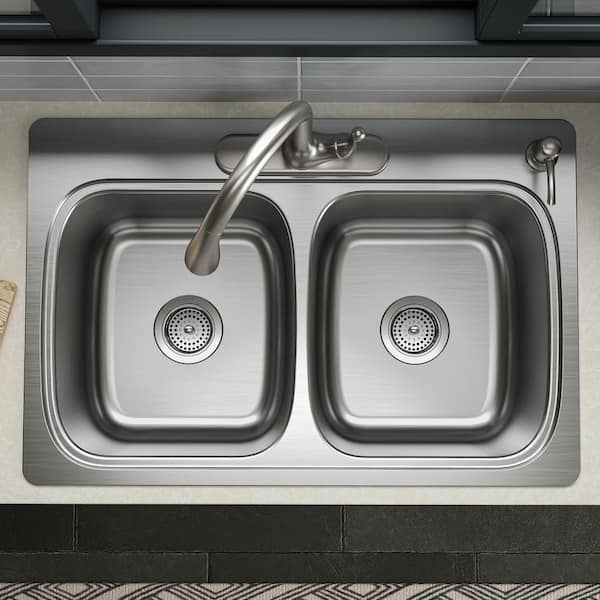 Verse 33 in. Drop-in Double Bowl 20 Gauge Stainless Steel Kitchen Sink with 4-Holes