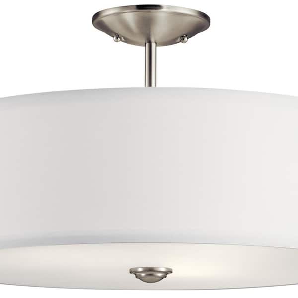 Shailene 18 in. 3-Light Brushed Nickel Round Hallway Transitional Semi-Flush Mount Ceiling Light with Microfiber Shade