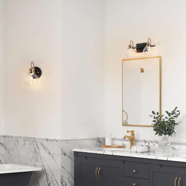 14.5 in. 2-Light Brass Gold Bathroom Vanity Light, Globe Clear Glass Bath Lighting, Black Modern Wall Sconce