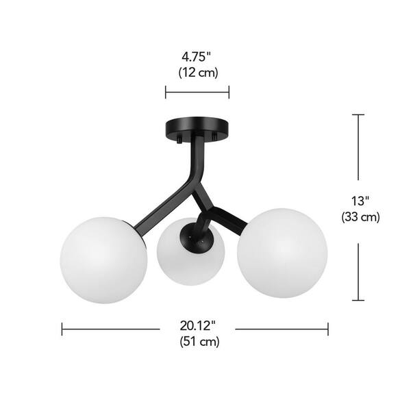 20 in. 3-Light Matte Black Modern Semi-Flush Mount with frosted glass shade and No Bulbs Included