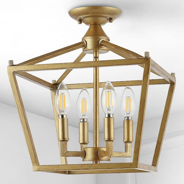 Plains Mini Lantern 12 in. 4-Light Brass Gold Iron Modern Farmhouse LED Flush Mount,
