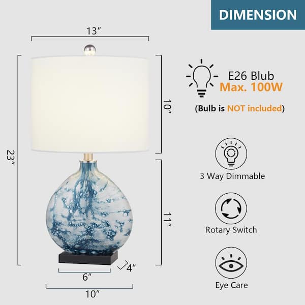 Denver 23 in. Bedside Blue Glass Table Lamp with White Linen Shade