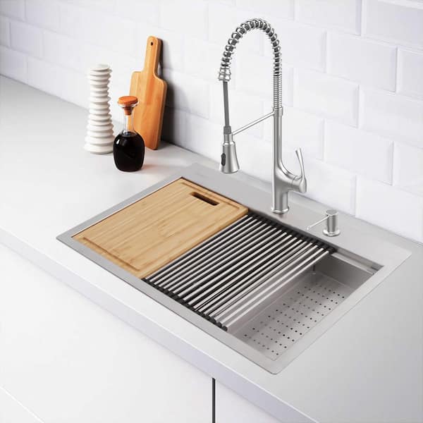 AIO Zero Radius Drop-in 18G Stainless Steel 27 in. 2-Hole Single Bowl Workstation Kitchen Sink with Spring Neck Faucet
