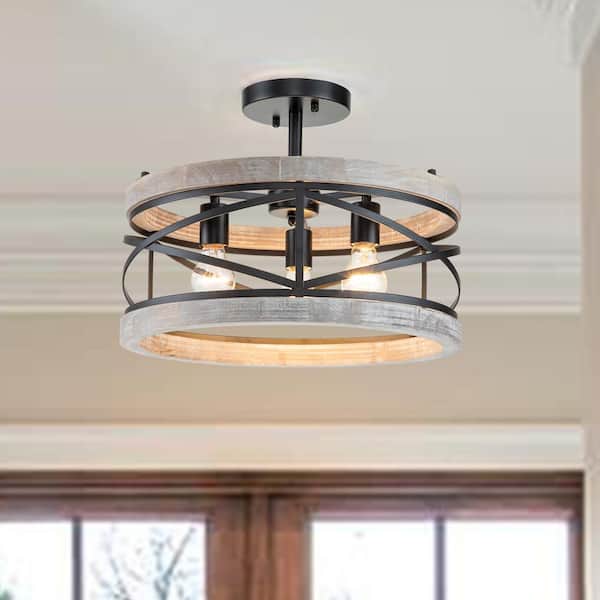17.25 in. 3-Light Black Semi-Flush Mount with Wood Accent