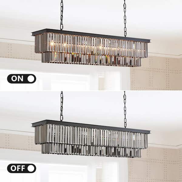 47 in. 8-Light Black and Smoke Crystal Chandelier Modern Dining Room Pendant Lighting