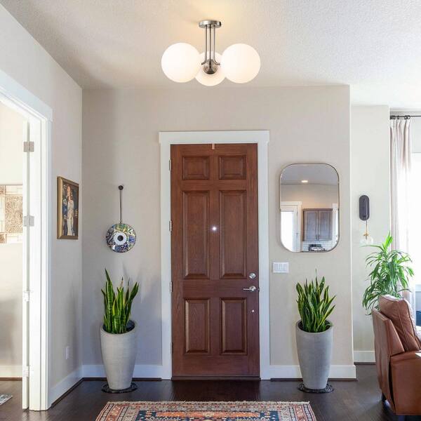 Lueck 22 in. 3-Light Modern Sputnik Nickel Semi Flush Mount with Globe White Glass