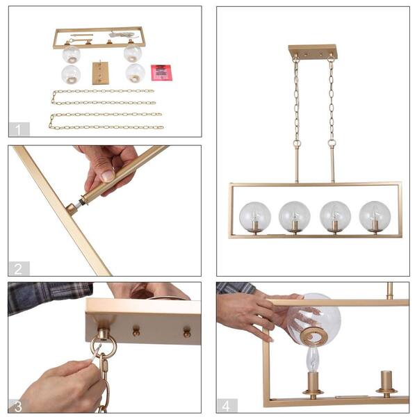 Modern Gold Kitchen Island Chandelier, 30 in. 4-Light Farmhouse Brass Globe Dining Living Room Chandelier Pendant Light