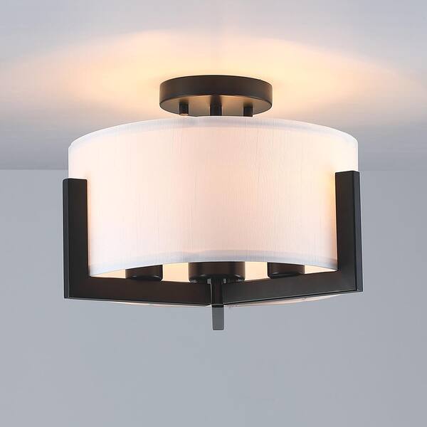 14 in. 3-Light Matte Black Semi-Flush Mount Ceiling Light with Drum Shade