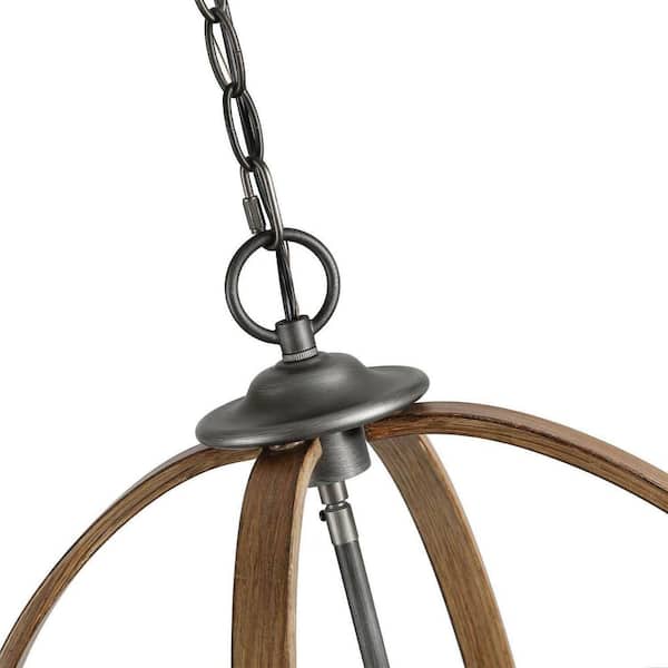 Rustic Globe Candlestick Brushed Silver Chandelier 4-Light Island Farmhouse Cage Pendant Chandelier with Wood Accents