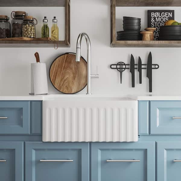 Perch 24 in. Farmhouse Apron Front Single Bowl Kitchen Sink in White Ceramic, Grid and Strainer Included