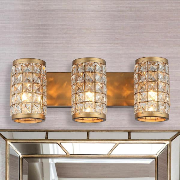 Modern Powder Bath Room Vanity Light, 21.6 in. 3-Light Gold Wall Sconce Light with Cylinder Crystal Shade