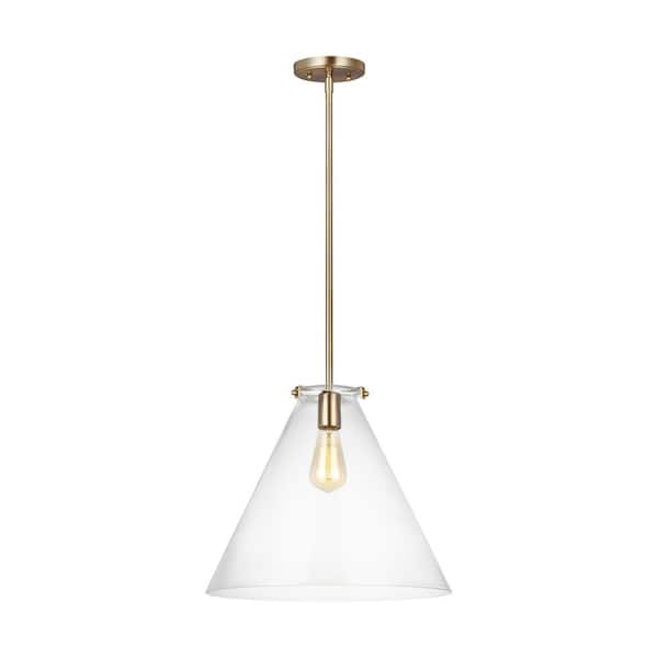 Kate 1-Light Satin Brass Cone Hanging Pendant with Clear Glass Shade
