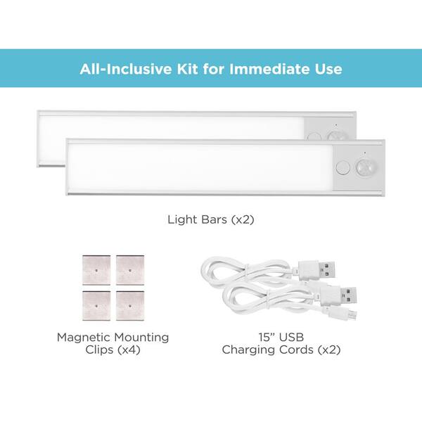 9 in. LED Warm White 2-Bar Rechargeable Under Cabinet Lighting Kit