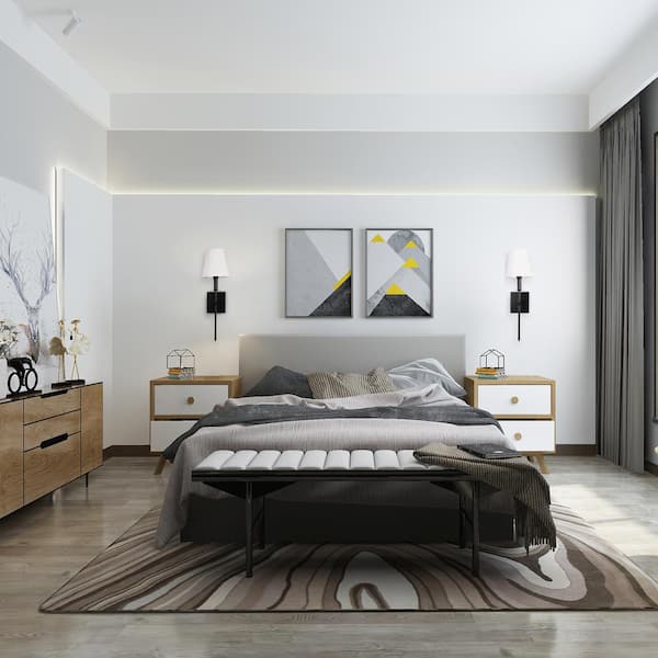 1-Light Matte Black Wall Sconce with White Fabric Shade(2-Pack)