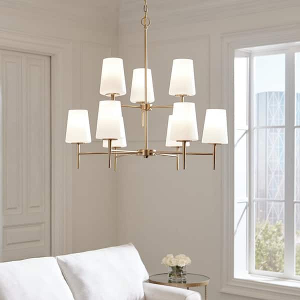 Driscoll 9-Light Satin Brass Mid-Century Modern Hanging Chandelier with Inside White Painted Etched Glass