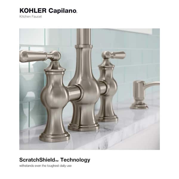 Capilano 2-Handle Bridge Farmhouse Pull-Down Kitchen Faucet with Soap Dispenser and Sweep Spray in Vibrant Stainless