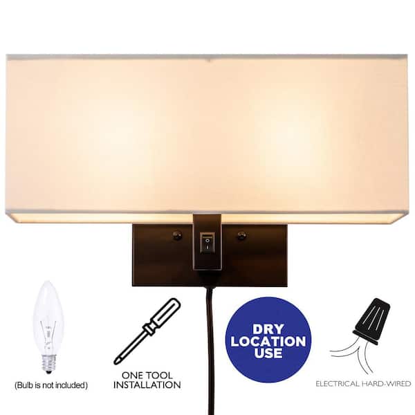 2-Light Oil-Rubbed Bronze Finish Hardwired and Plug in Wall Sconce with Linen Shade