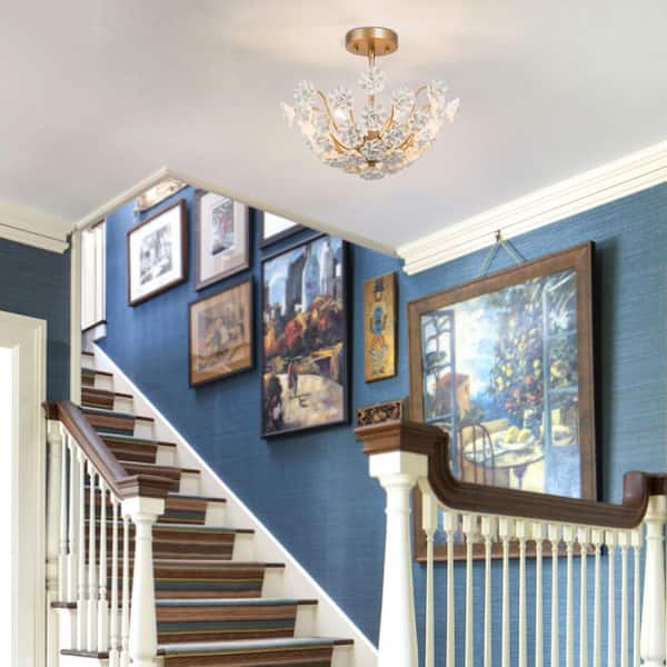 Mid-Century Modern Center Bowl Ceiling Light 3-Light Brass Gold Semi-Flush Mount Light with Handcraft Ceramic Flowers