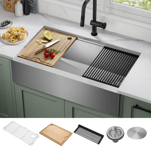 Kore Workstation Farmhouse Apron-Front Stainless Steel 36 in. Single Bowl Kitchen Sink with Accessories