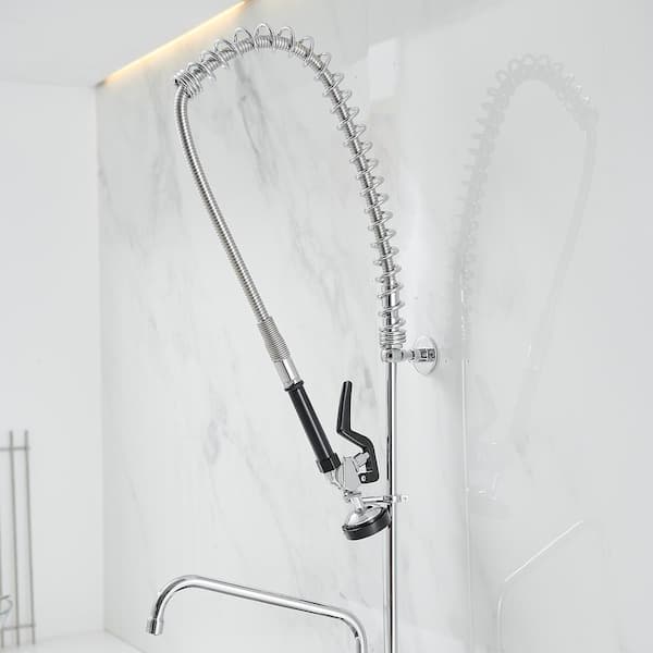 Commercial Restaurant Pull Down 2-Handle Wall Mount Pre-Rinse Spray Utility Kitchen Faucet in Polished Chrome