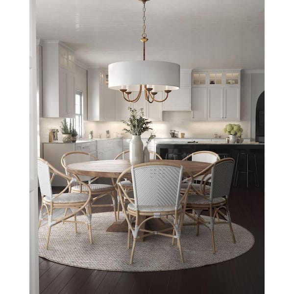 Drum Shade 5-Light Brushed Bronze White Fabric Shade New Traditional Chandelier Light