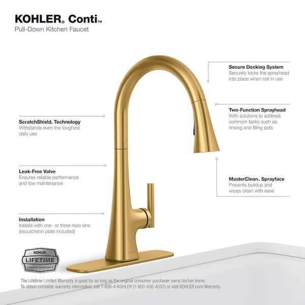 Conti Single Handle Pull Down Sprayer Kitchen Faucet in Vibrant Brushed Moderne Brass
